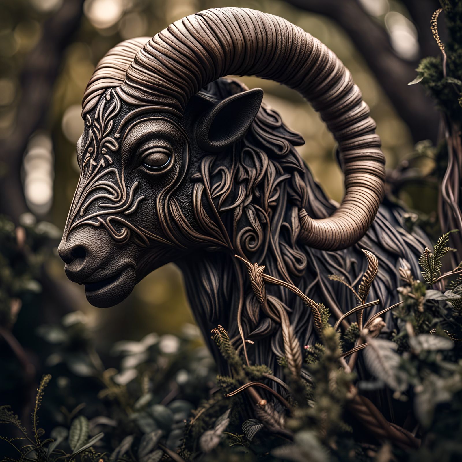 Hyperrealistic Ram Sculpture in Thicket