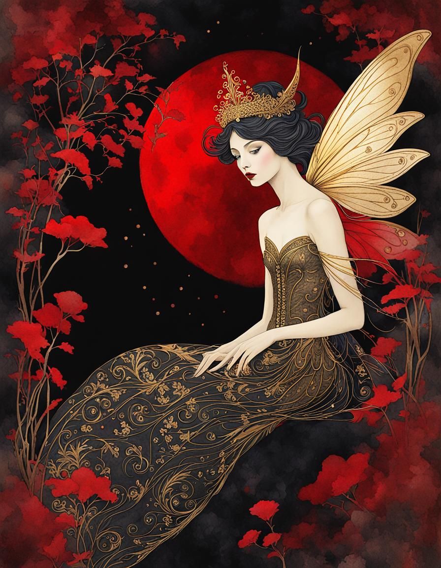 Mystical Fairy in Surreal Dream, Watercolor Ink Art