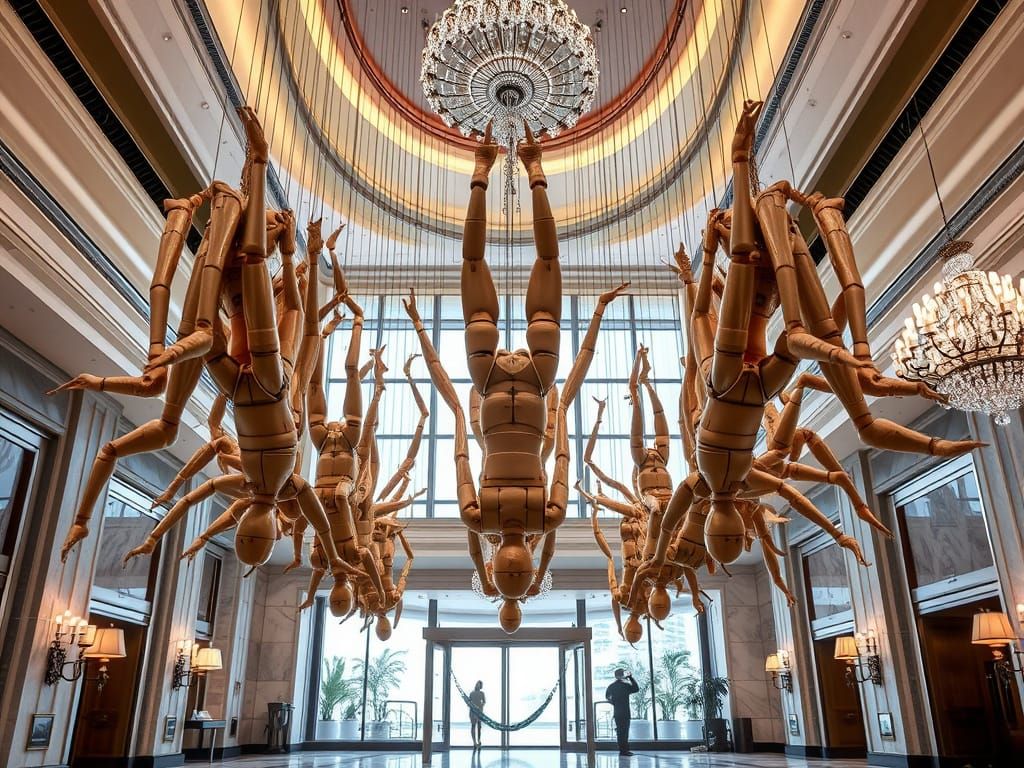 Surreal Chain of Wooden Mannequins in Skydiving Formation