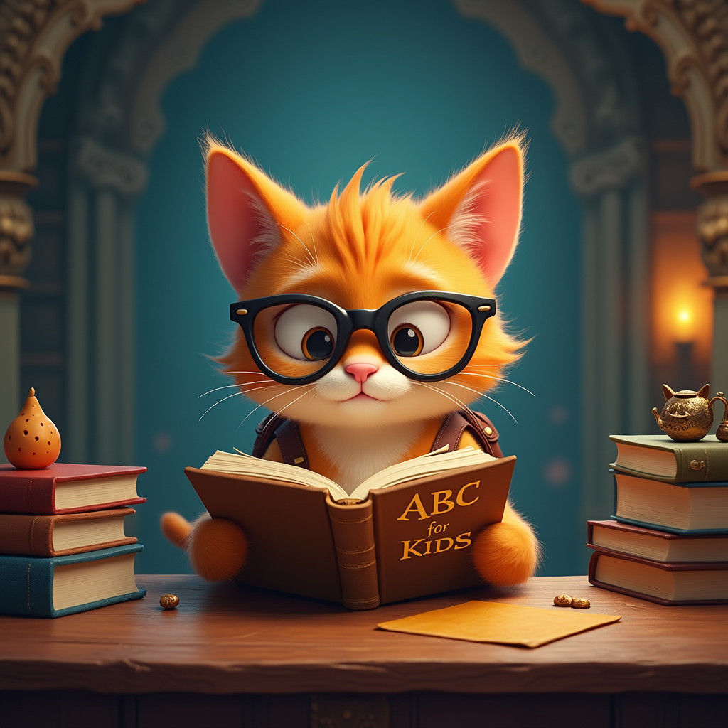 Whimsical Cat Reads ABC Book in Mystical Library