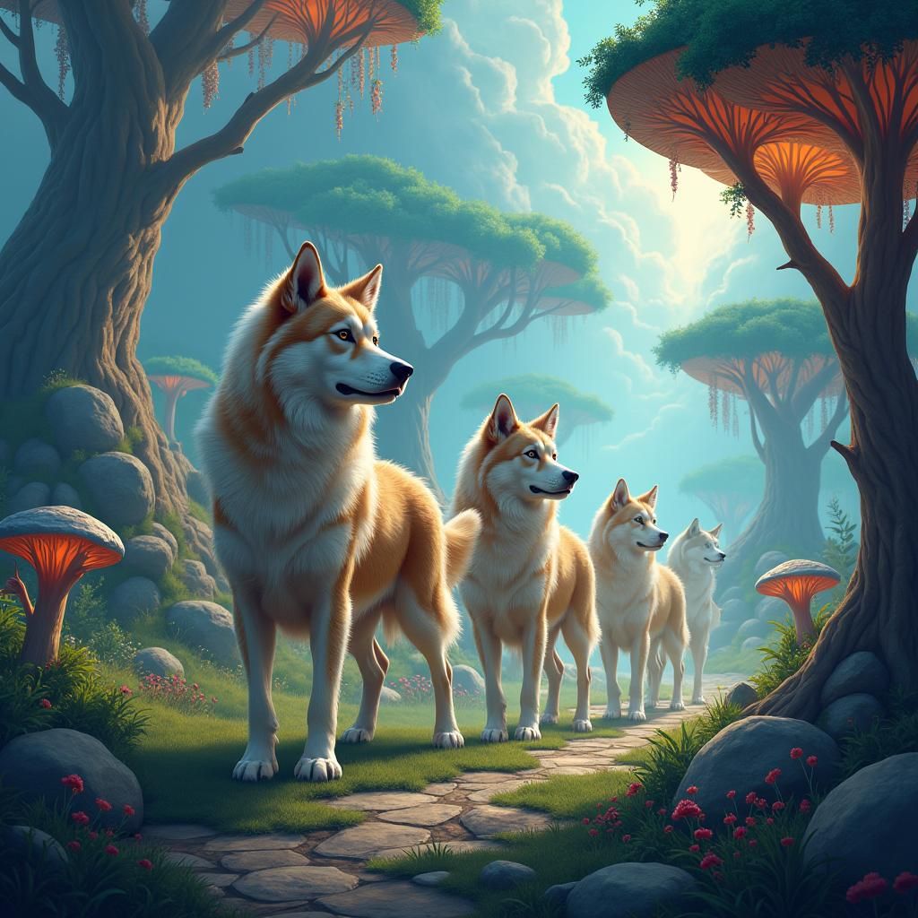 Fantasy Dogs in Dreamlike Landscape, Matte Painting