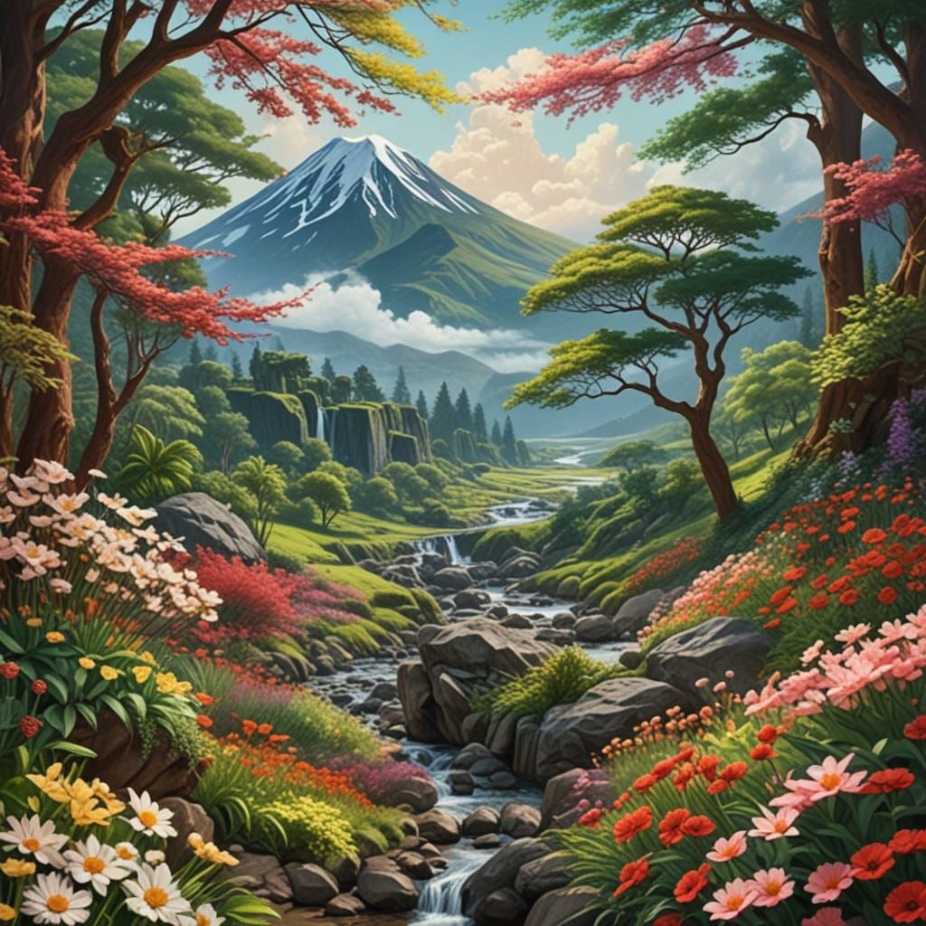 Vibrant Hyperrealistic Landscape with Flowers, River, and Mo...