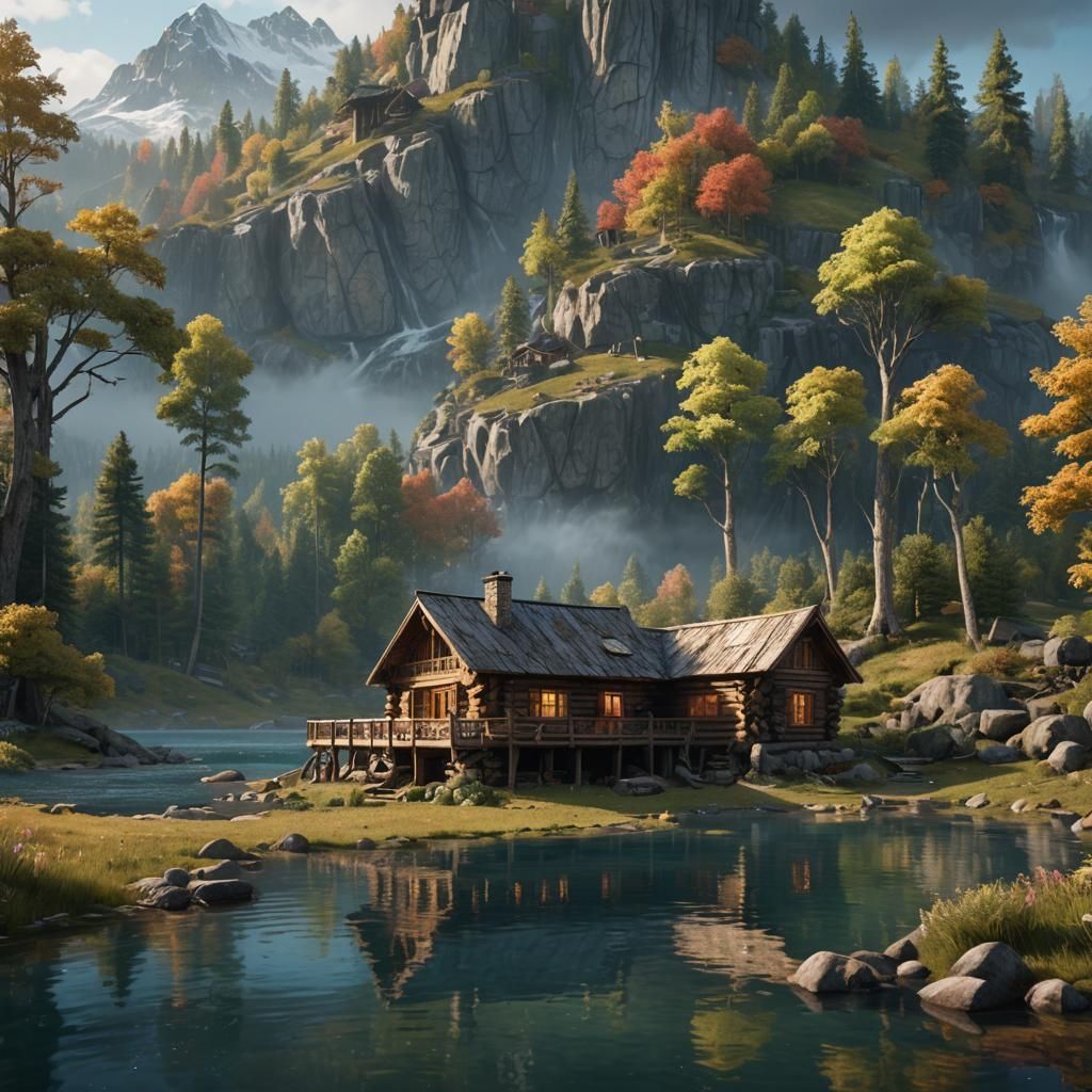 Log Cabin by Lake: Detailed Matte Painting