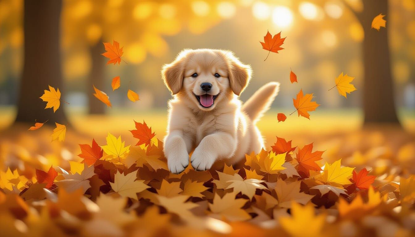 Golden Retriever Puppy Leaping Into Autumn Leaves