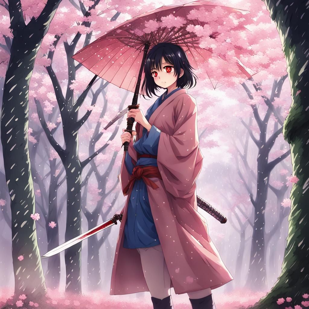 Anime Girl with Katana in Cherry Blossom Forest