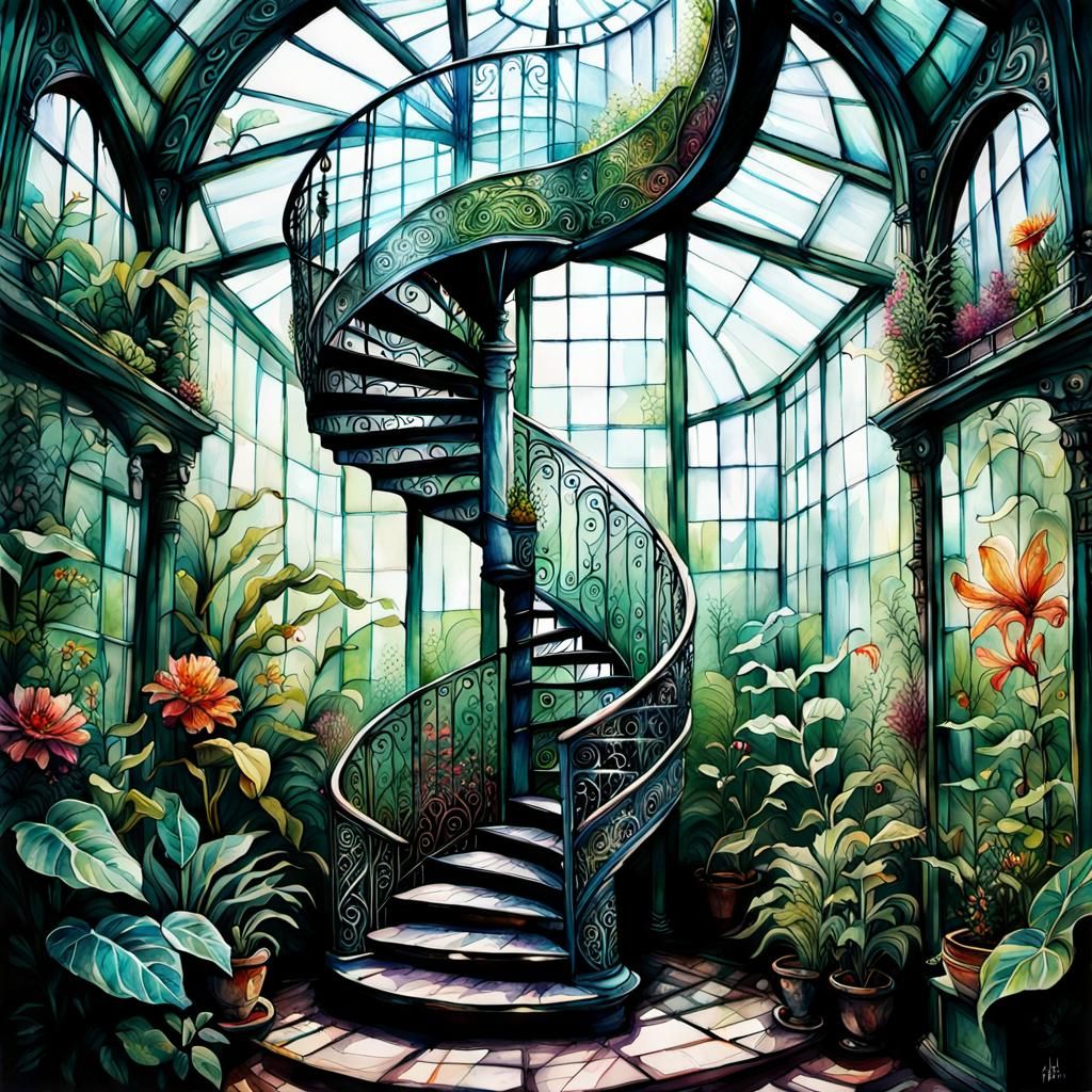 Ornate Greenhouse with Intricate Metal Spiral Staircase