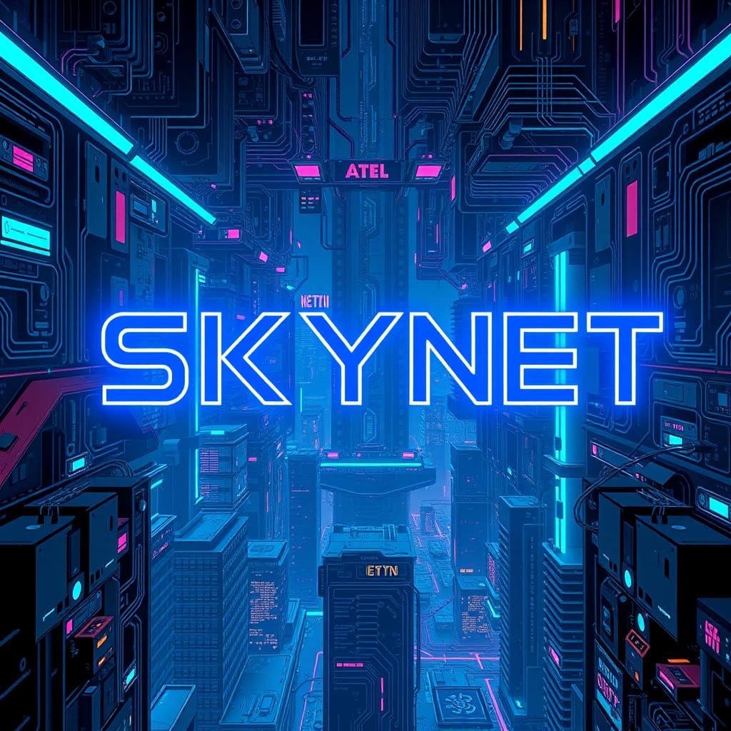 Cyberspace Cityscape in Marvel Comic Book Style with Glowing...