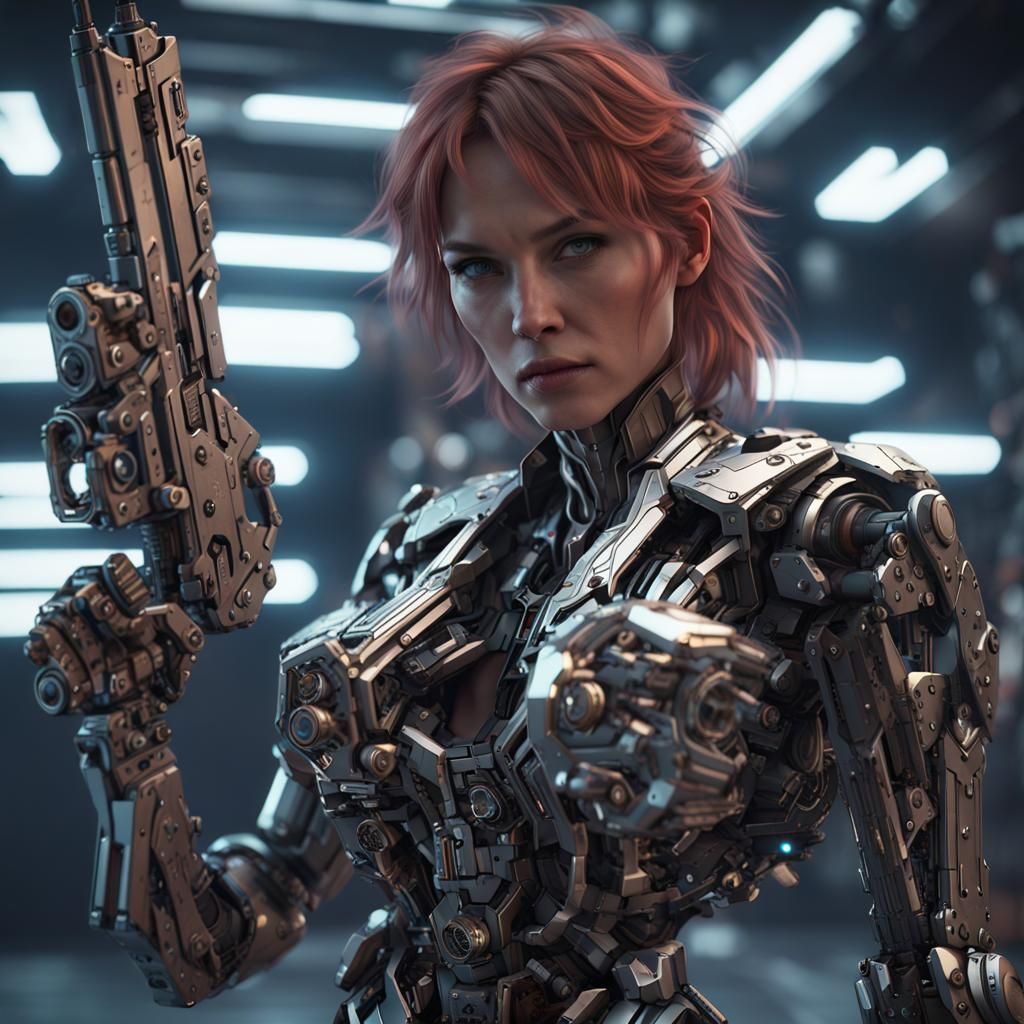 Futuristic Woman with Gun in Detailed Sci-Fi Mech Suit