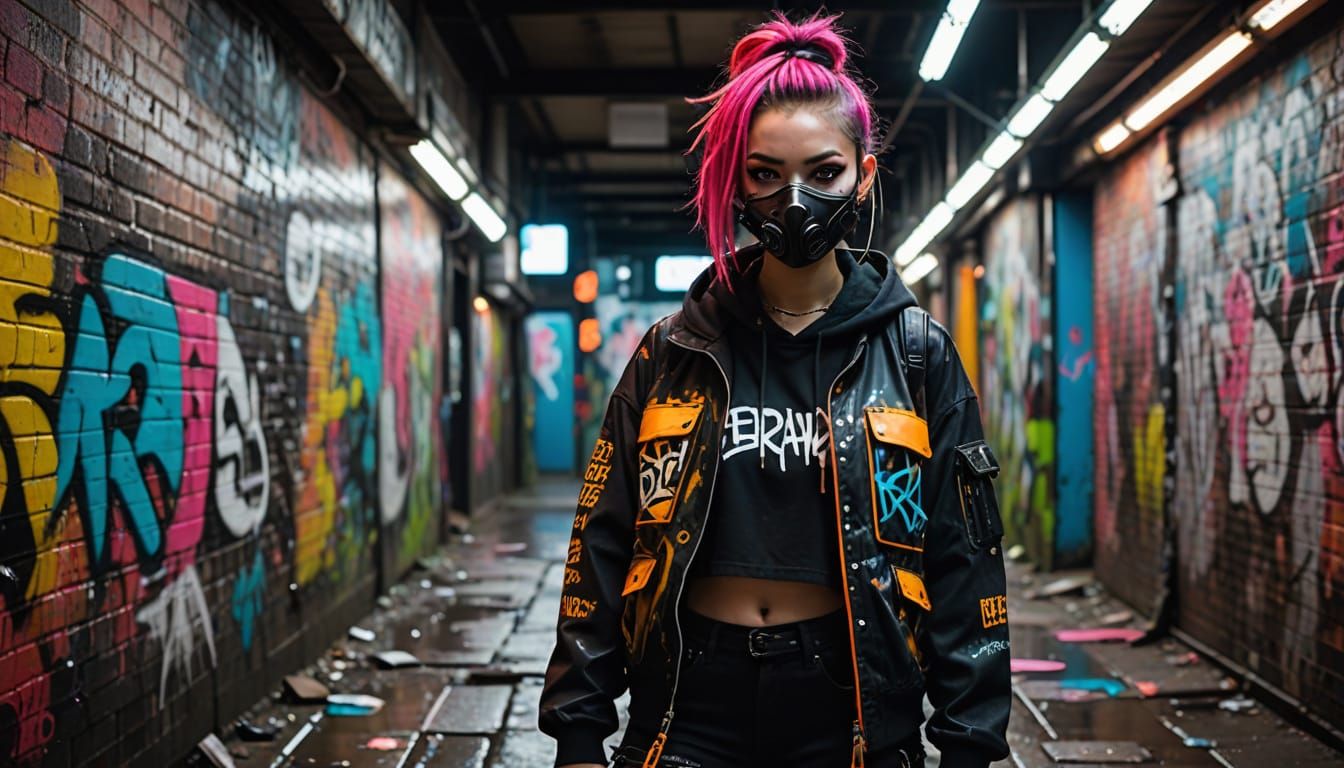 Street Artist in Cyberpunk Style with Neon Graffiti