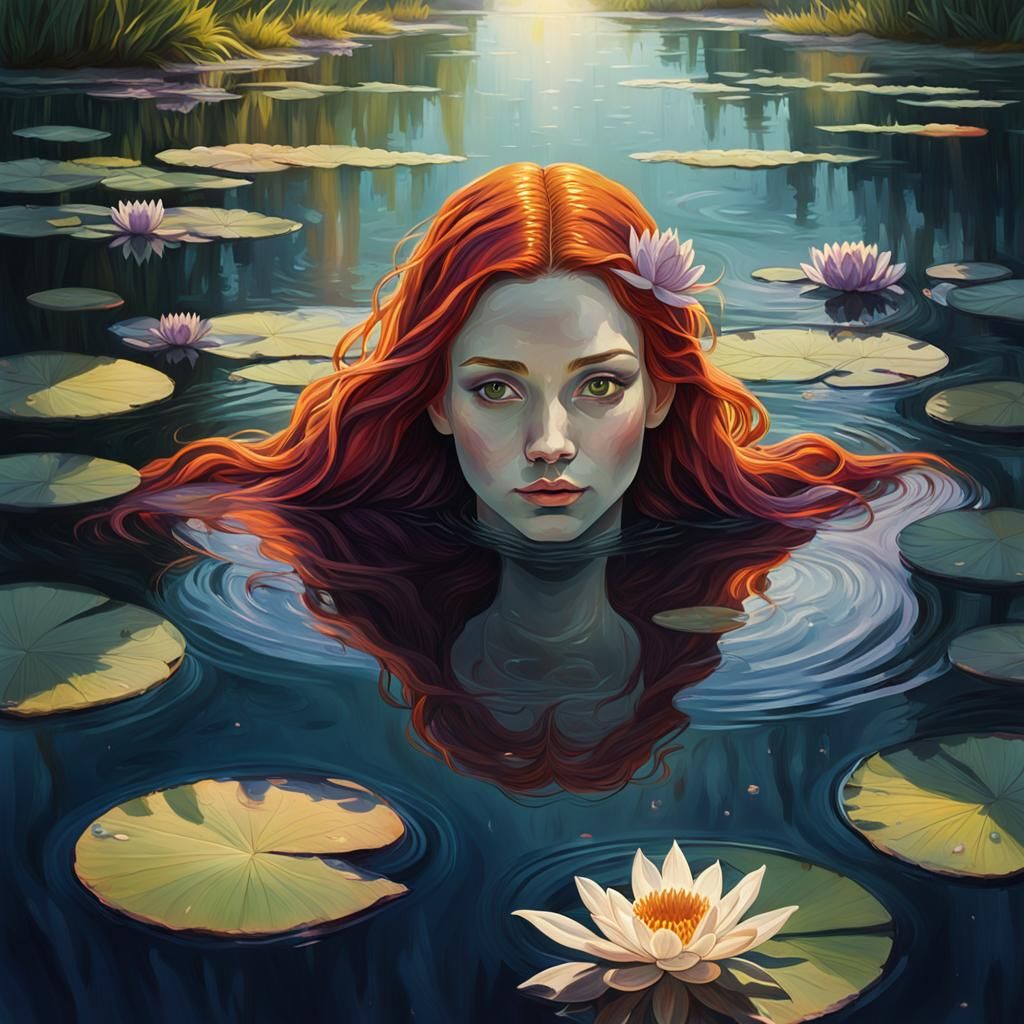 Redhead Girl Swimming in Lake: Fantasy Oil Painting