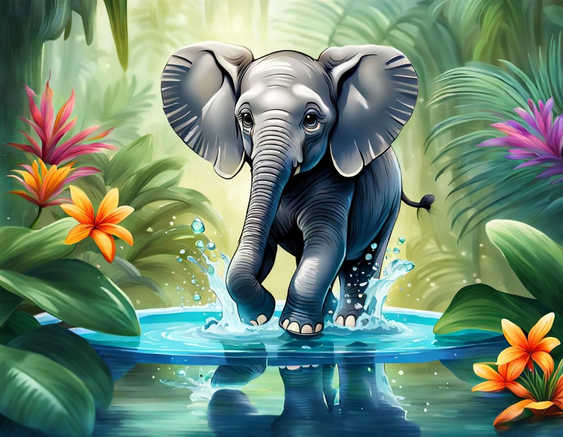 Playful Baby Elephant in Jungle Pool