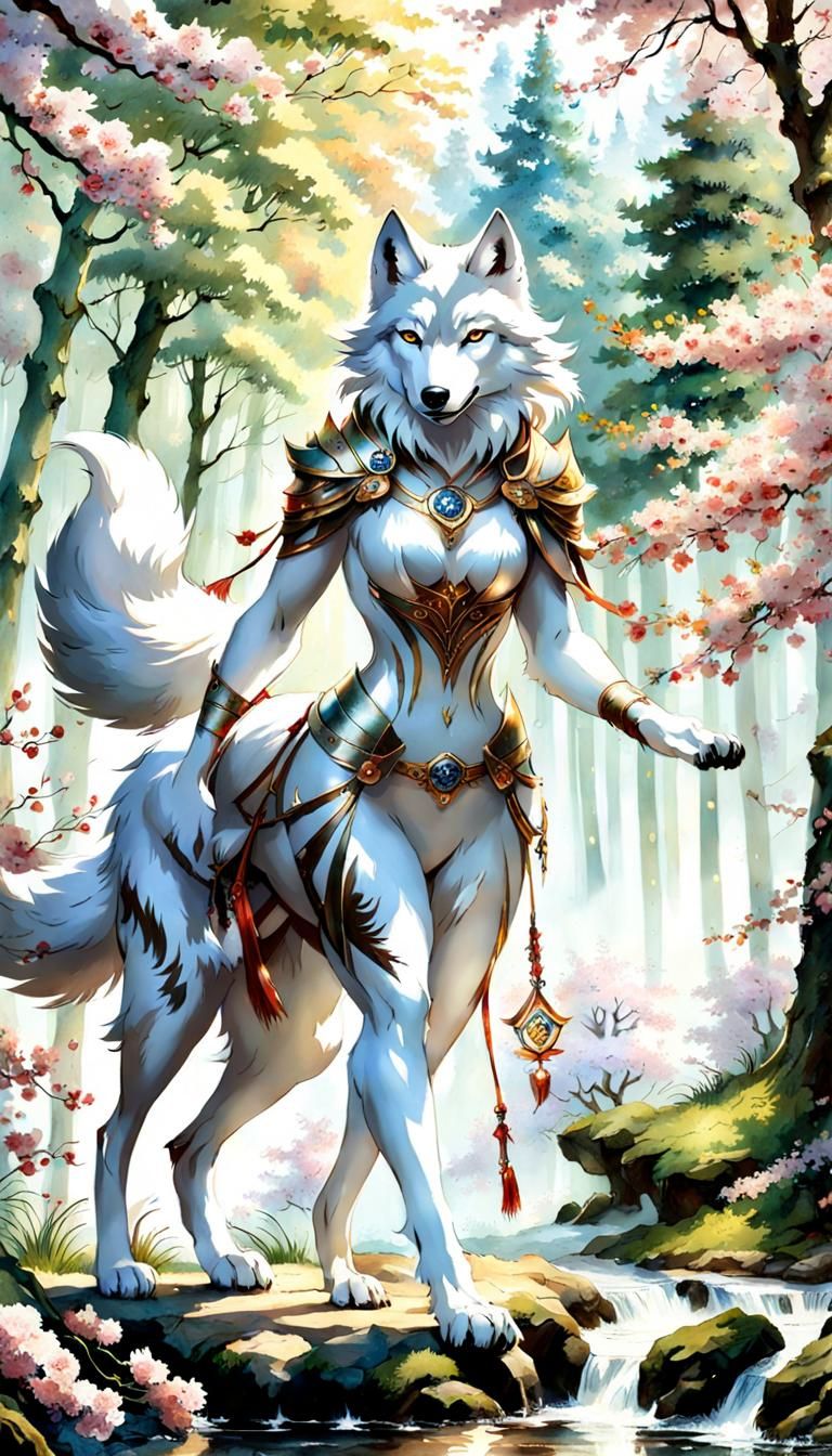 Anthropomorphic She-Wolf in Ethereal Forest