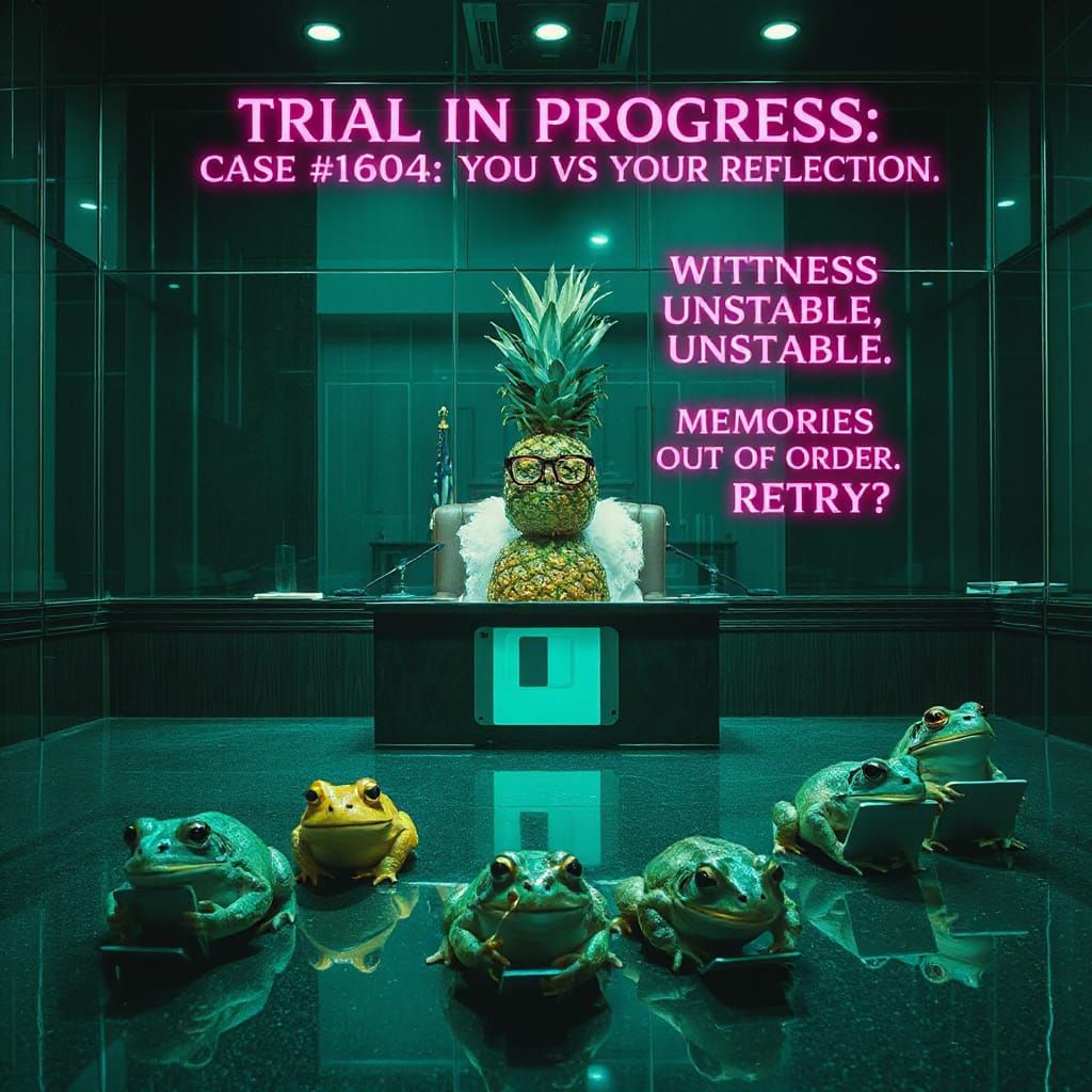 Surreal Glass Courtroom with Pineapple Judge