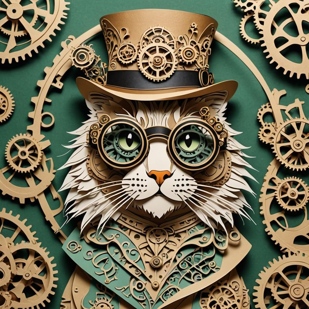 Steampunk Cat: 3D Kirigami Paper Sculpture