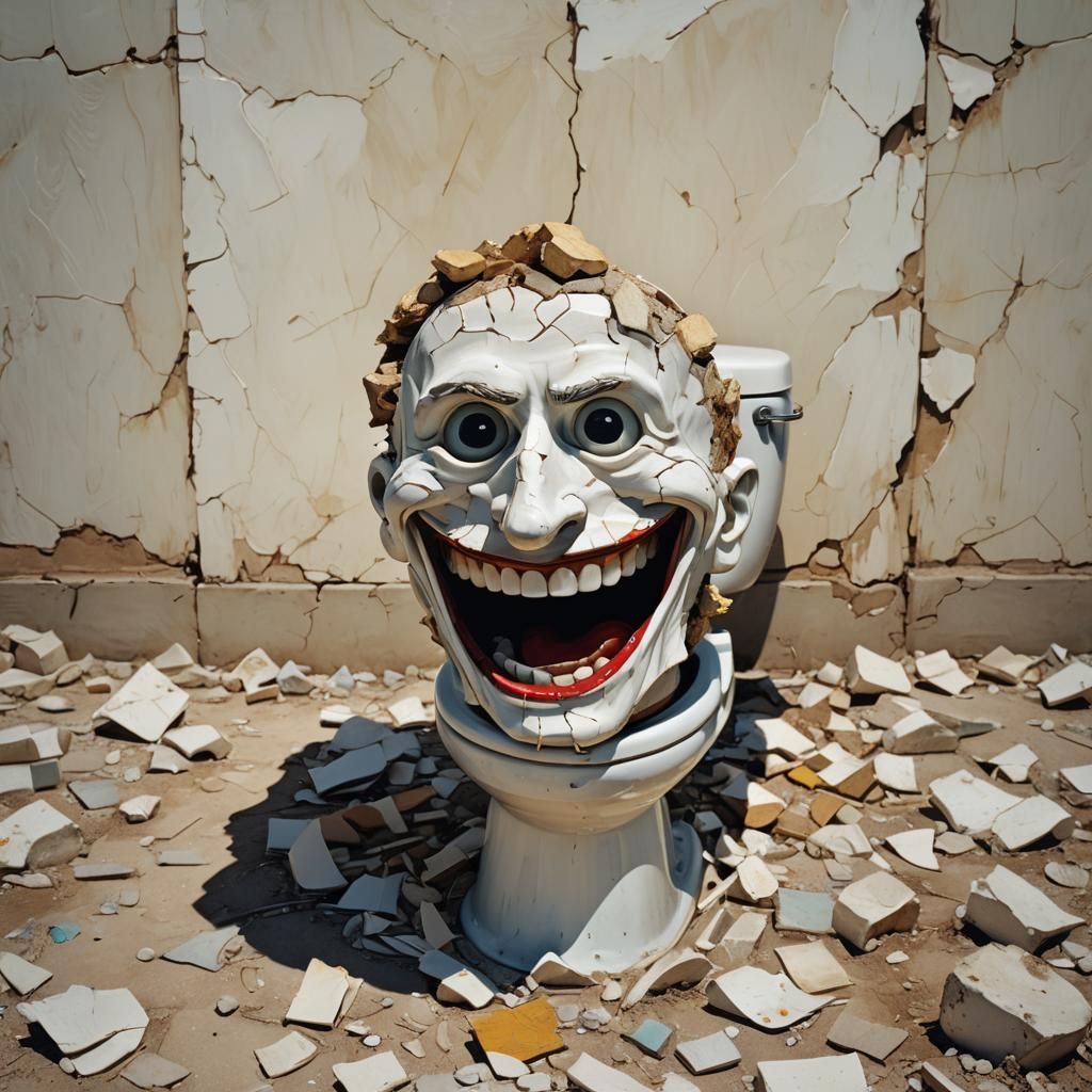 Surrealist Smiling Head Emerges from Wasteland Toilet
