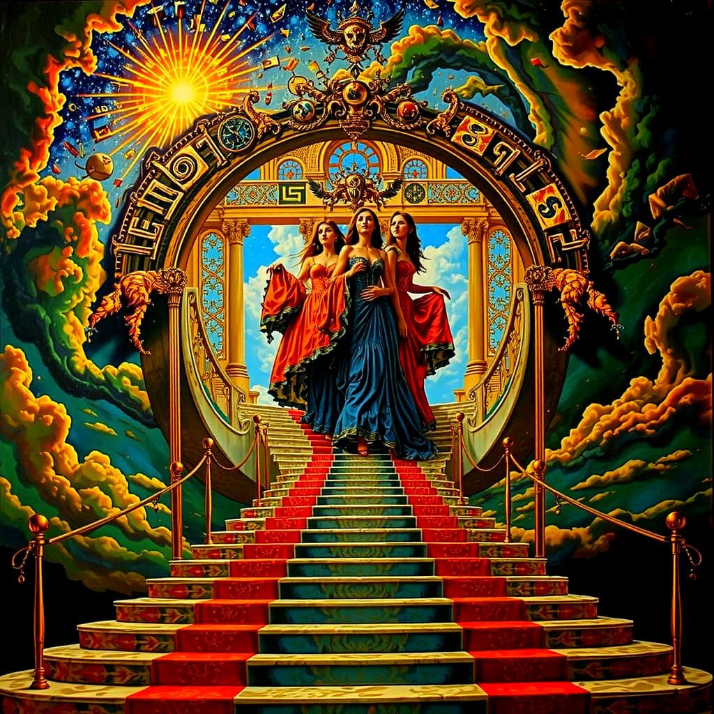 Three Sisters on Celestial Staircase, Hyperrealistic Style