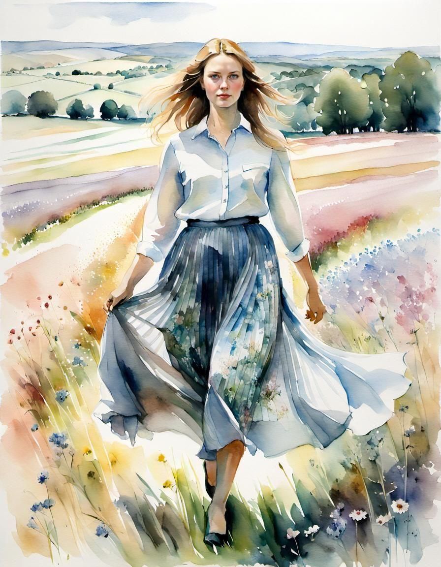 Watercolor of Curvy Woman in Flower Field