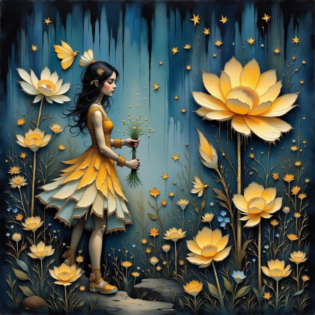 Whimsical Elf Tends Enchanted Garden in Watercolor