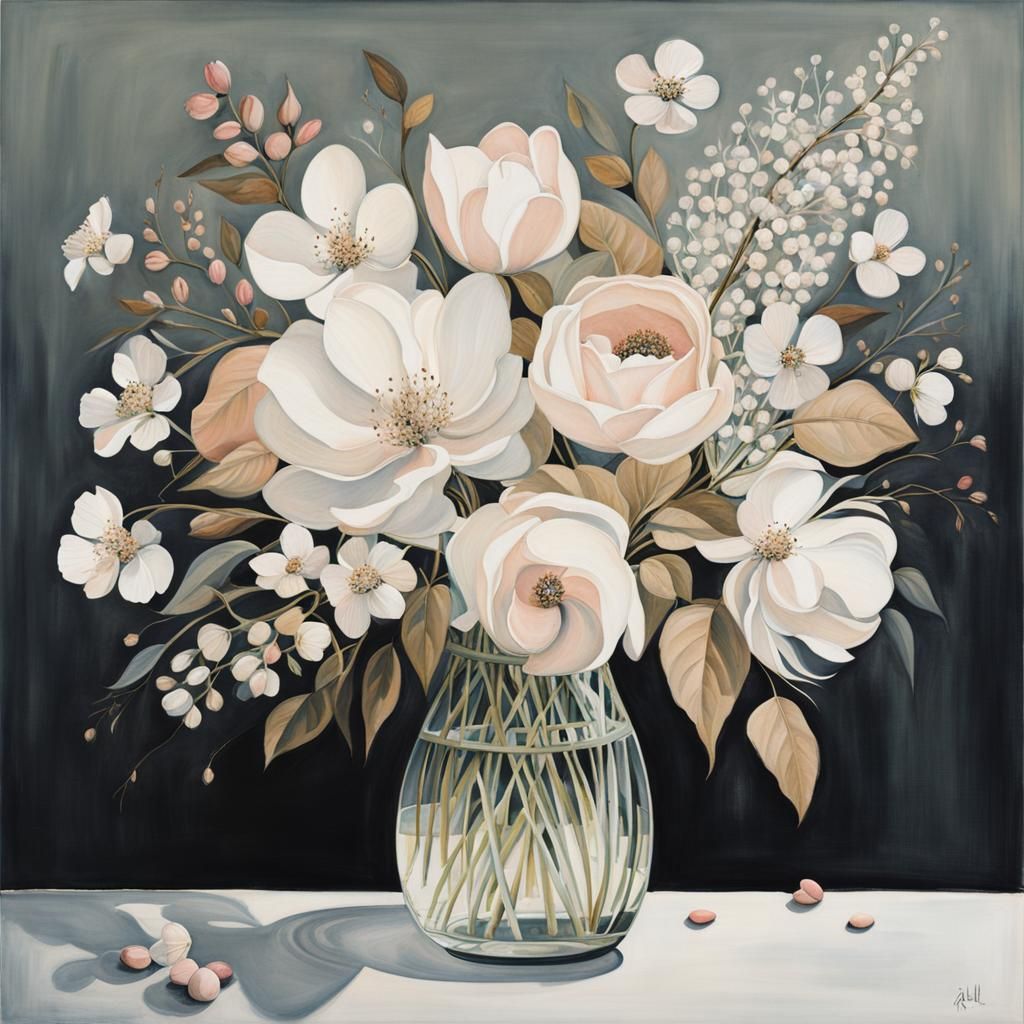 Flower Bouquet in Glass Vase, Art Brut Style