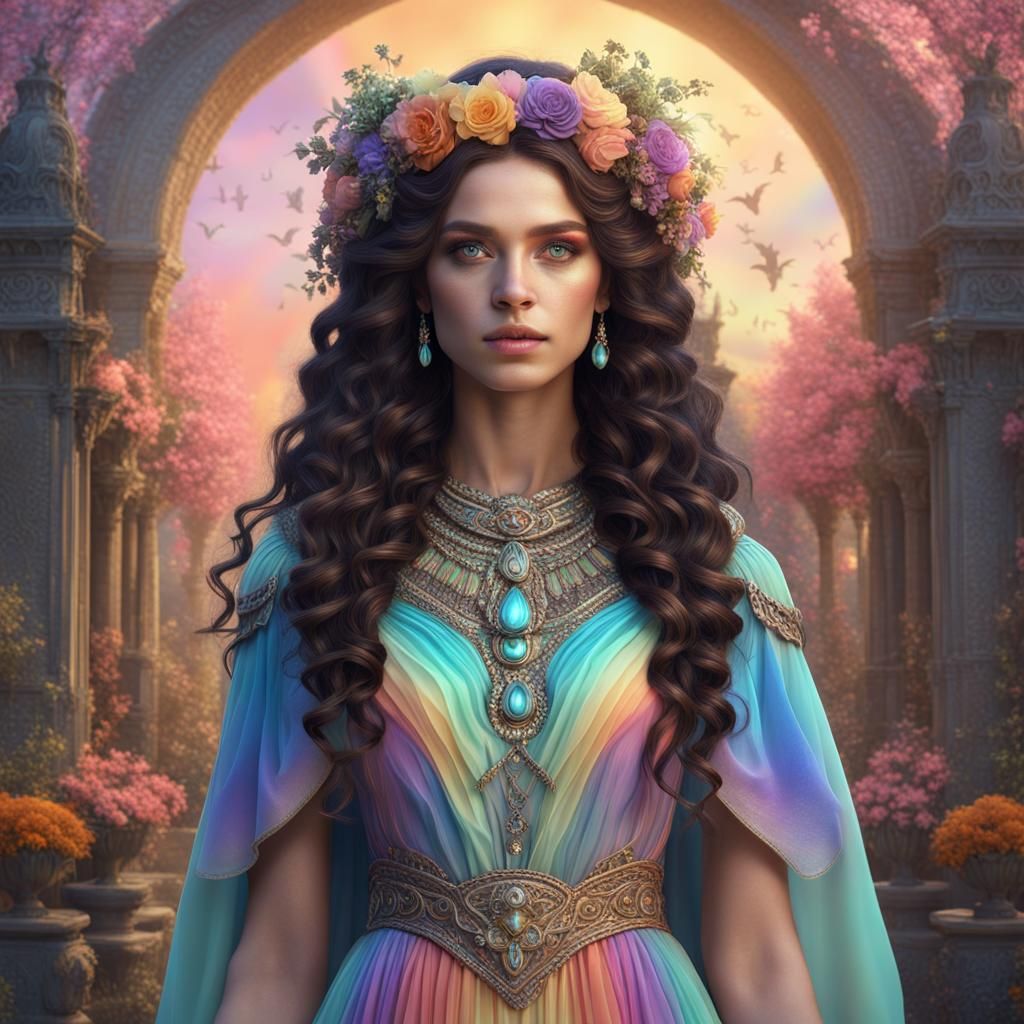 Young Spring Witch in Rainbow Gown: Fantasy Art