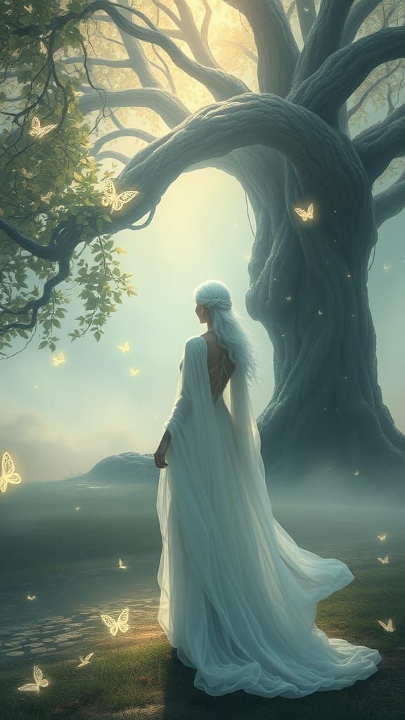 Crystalline Woman in Ethereal Art Nouveau Landscape