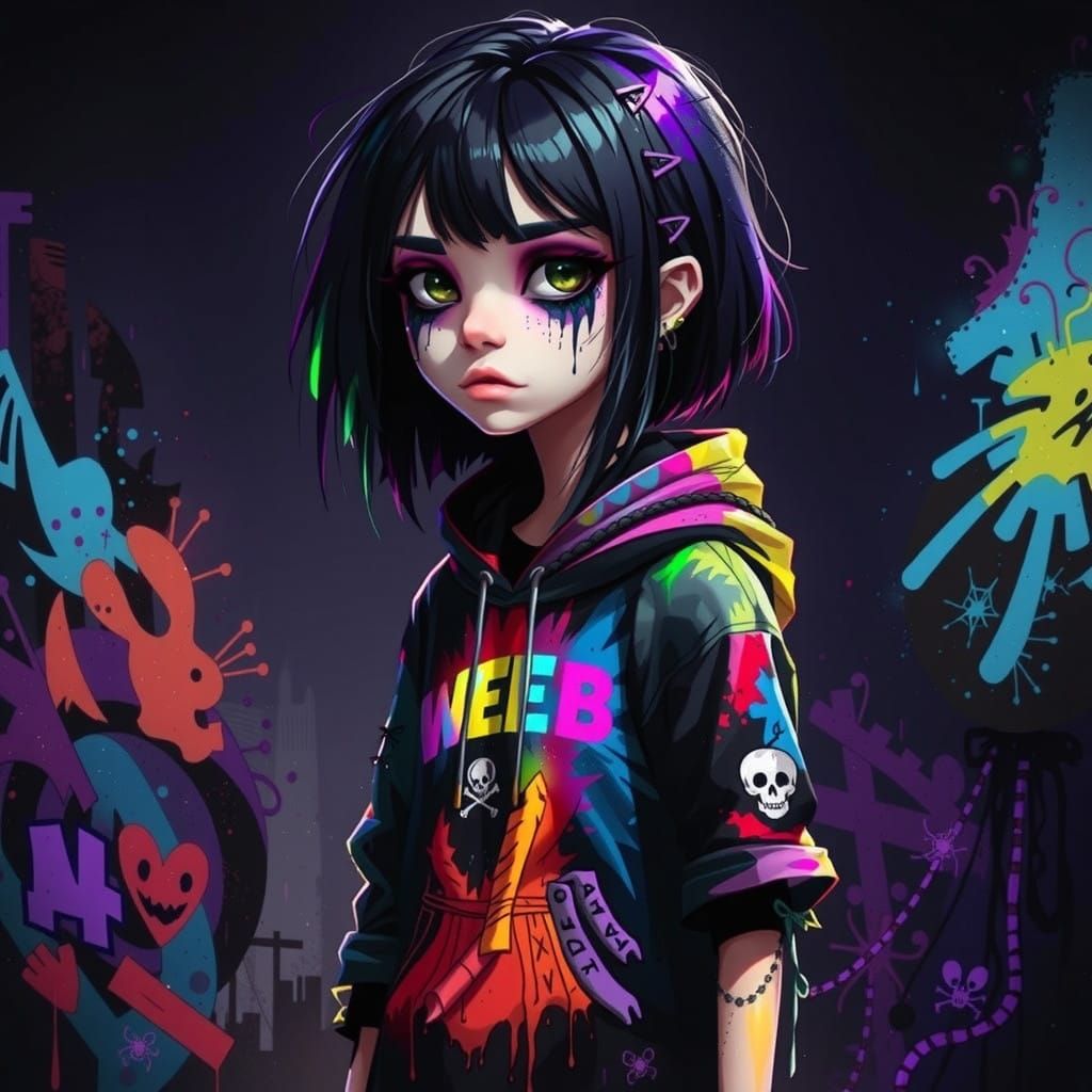 Emo Goth Teenager in Neon Graphic Tee in Cyberpunk Style