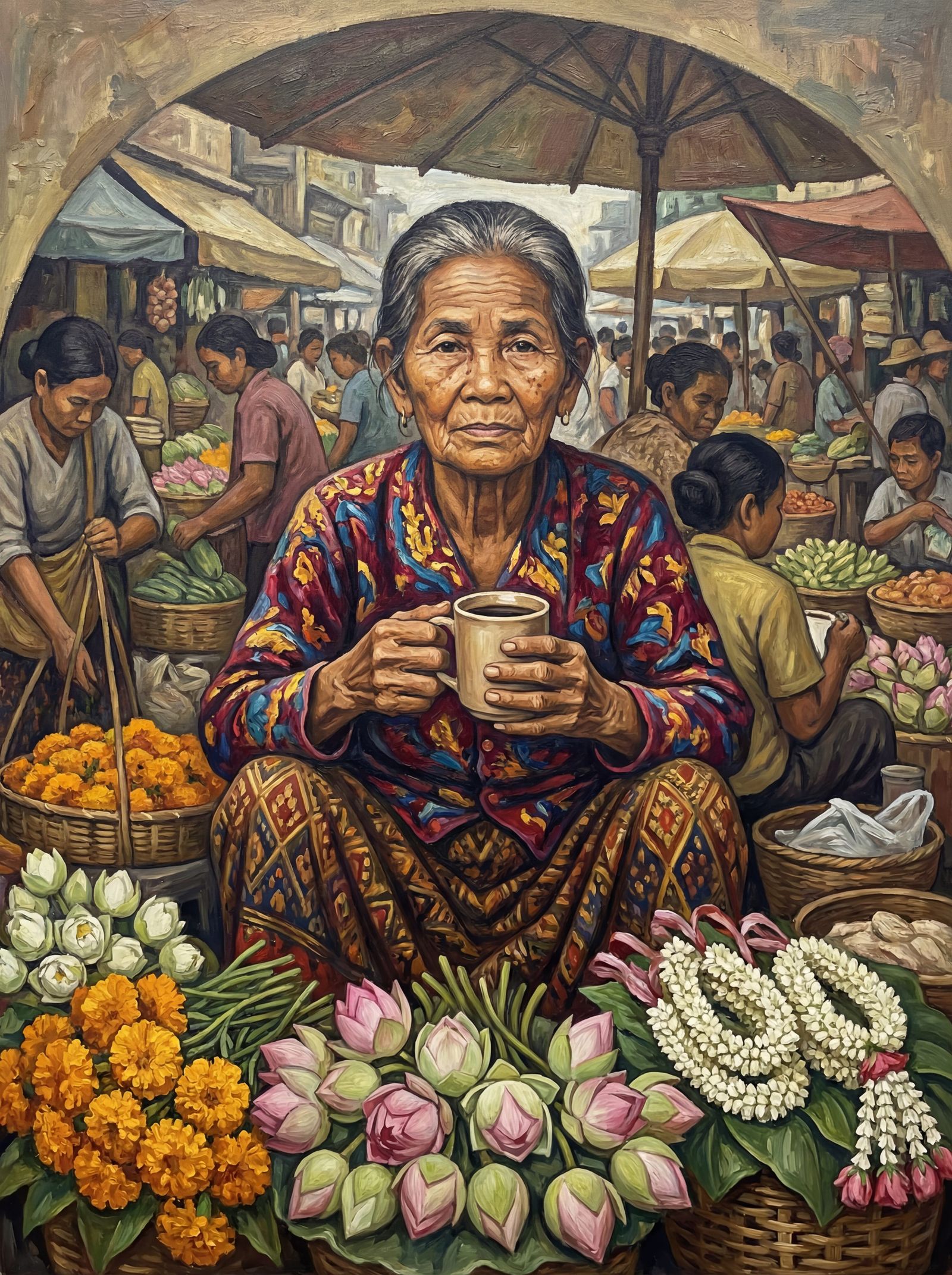 Cambodian Woman Selling Flowers in Vibrant Market