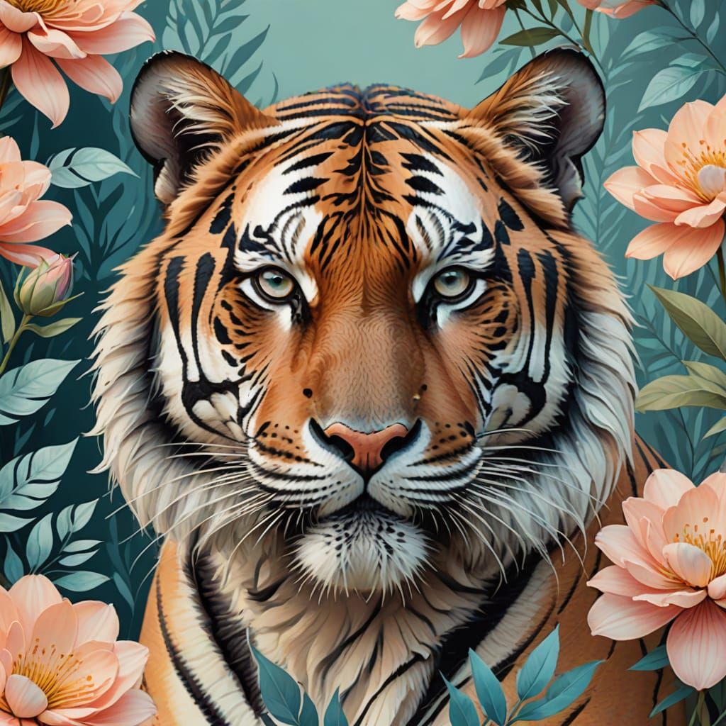 A portrait of Tiger, long leaves, creating a dreamy ef...