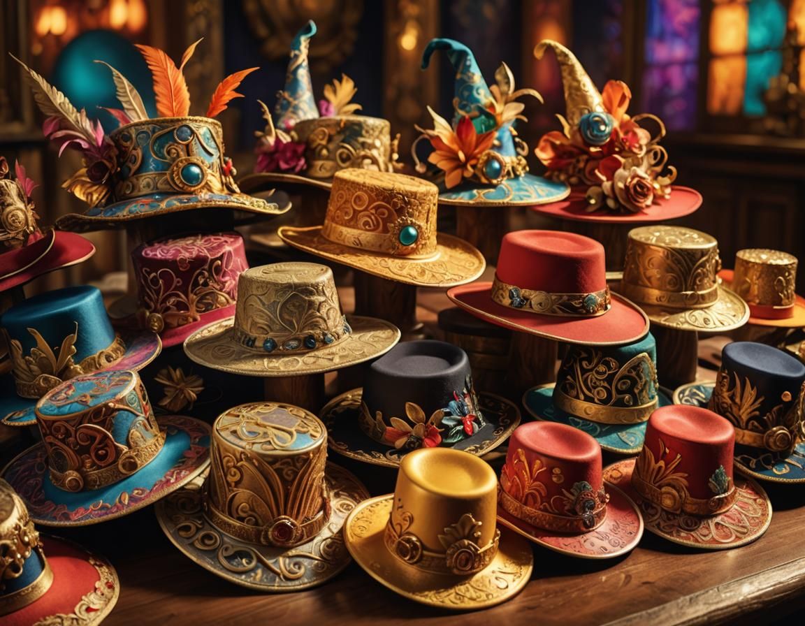 Fantastical Hats on Ornate Table: Hyperrealistic Concept Art