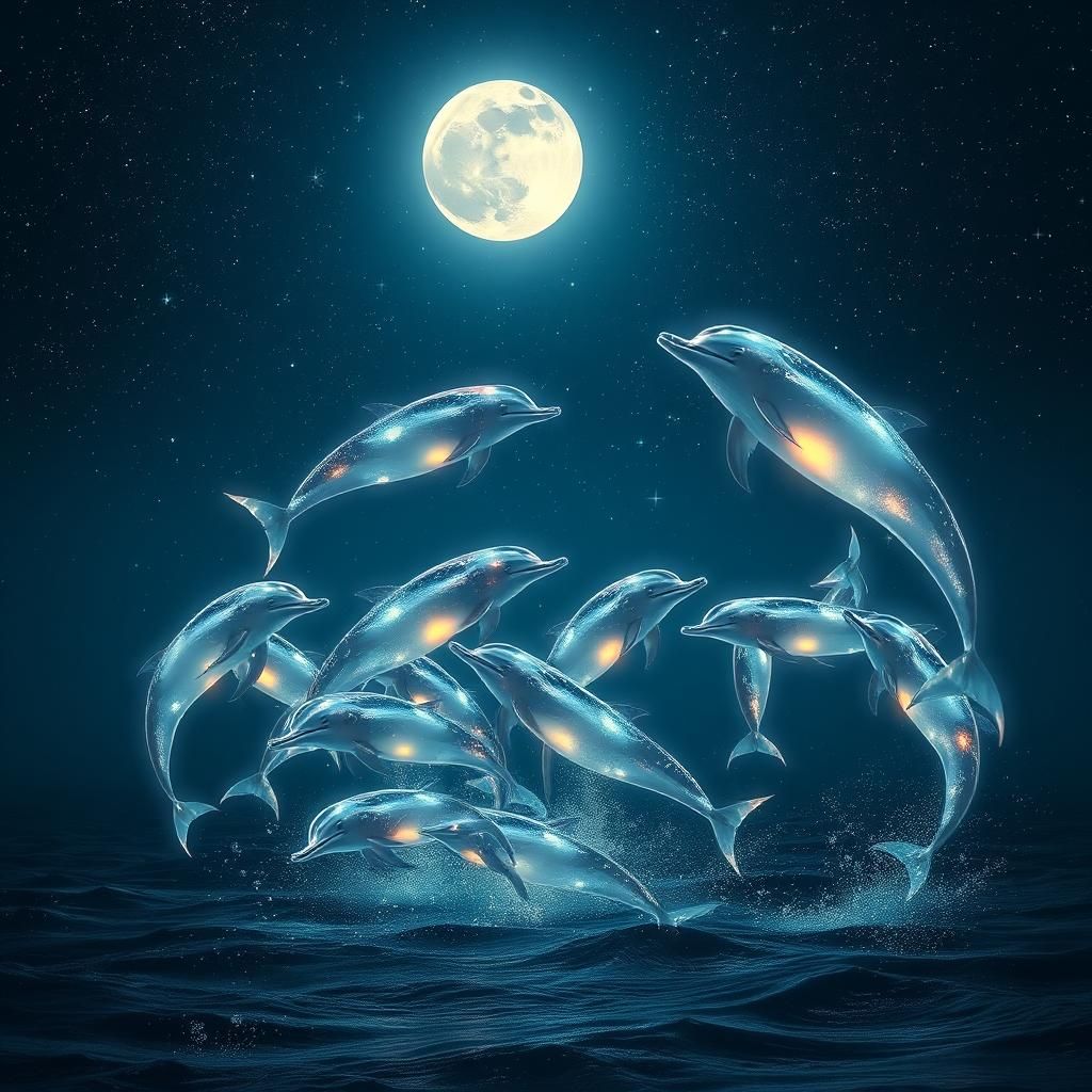 Luminous Dolphins Dancing Under Moonlight in Fairy Style