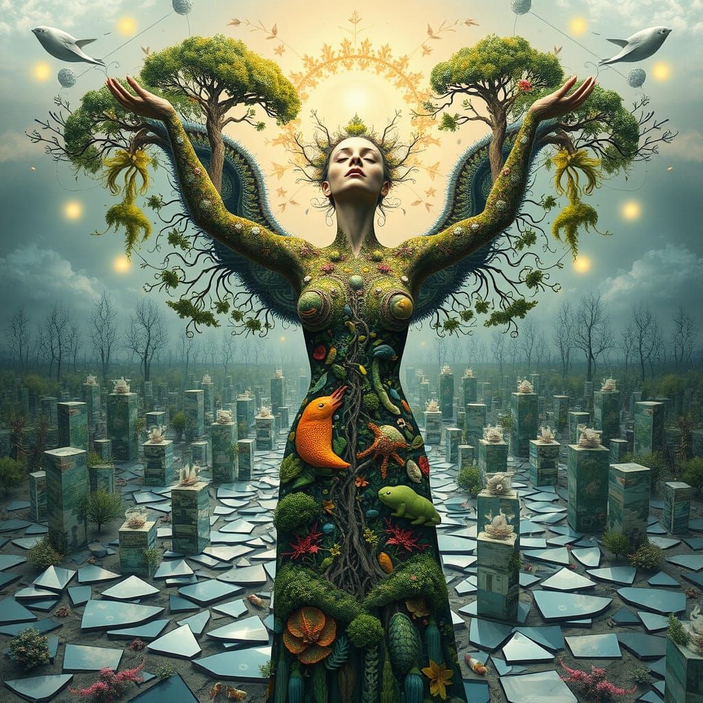 Dreamlike Bio-Art Landscape with Interconnected Ecosystems a...