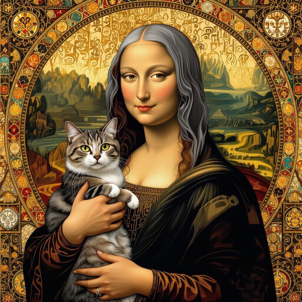 Mona Lisa with Cat in Klimt Style