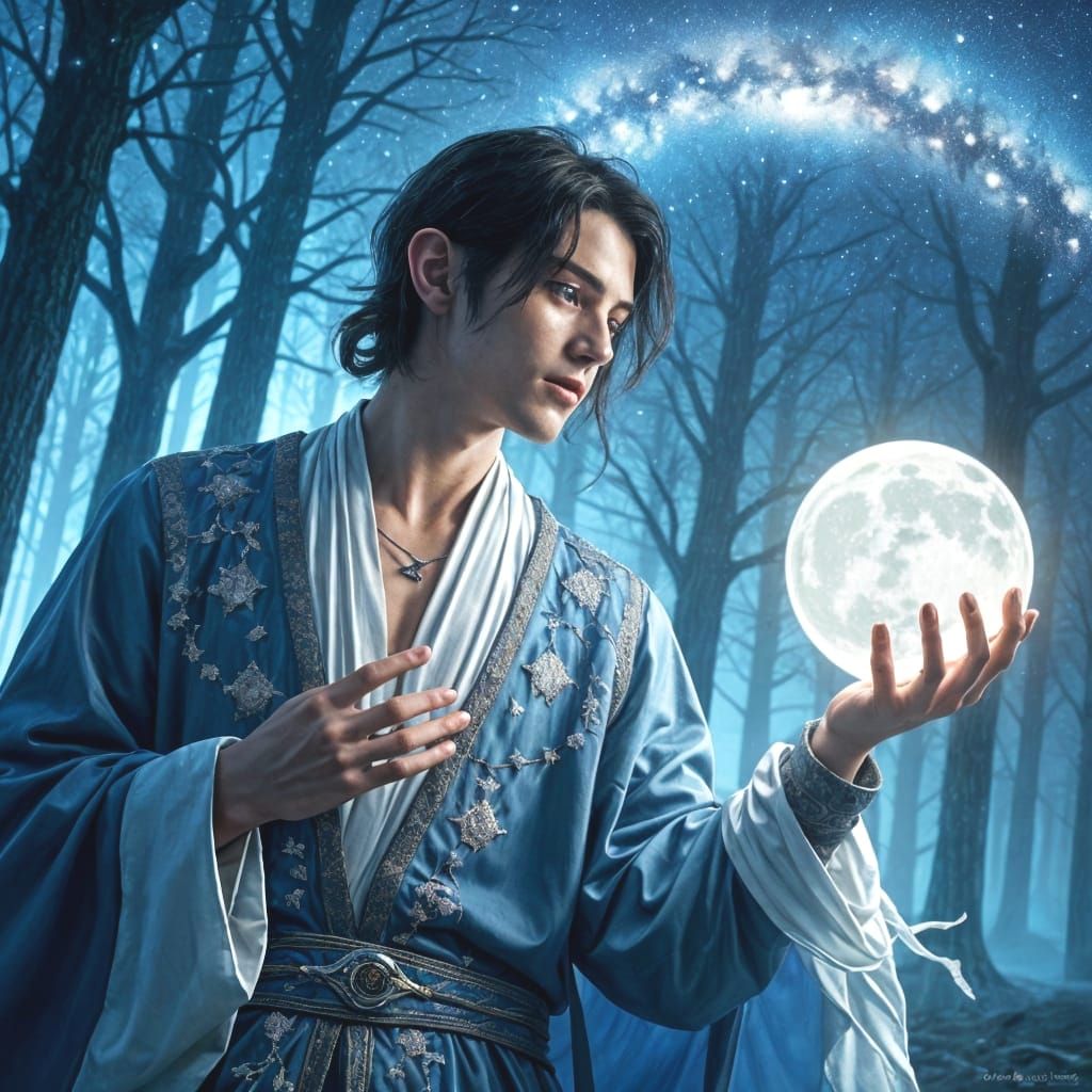 Elegant Elf Reaching for Moon in Pre-Raphaelite Style