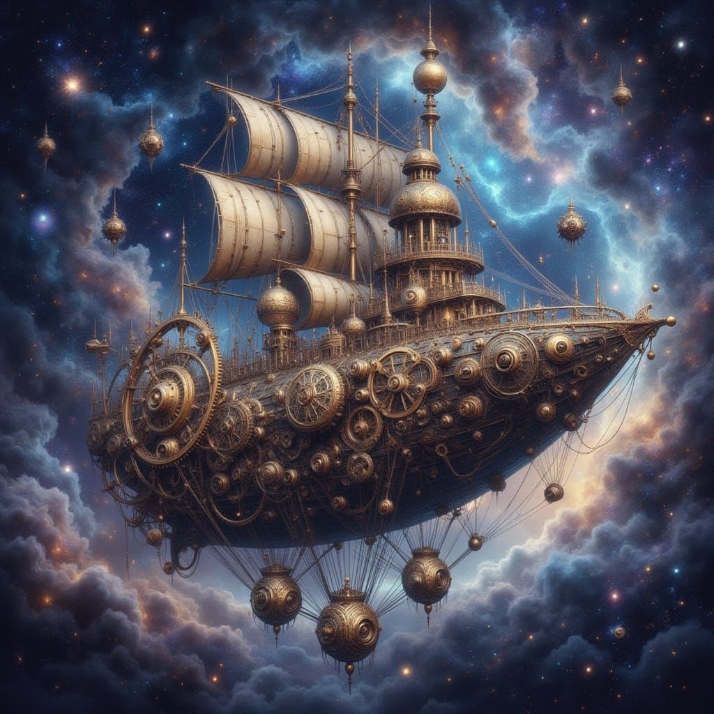 Steampunk Airship Sails Through a Swirling Nebula