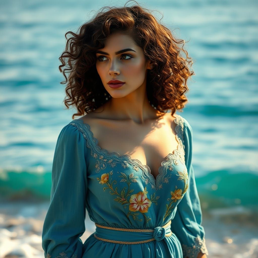 Refined Woman in Elegant Linen Gown, Poised on Turquoise Sho...