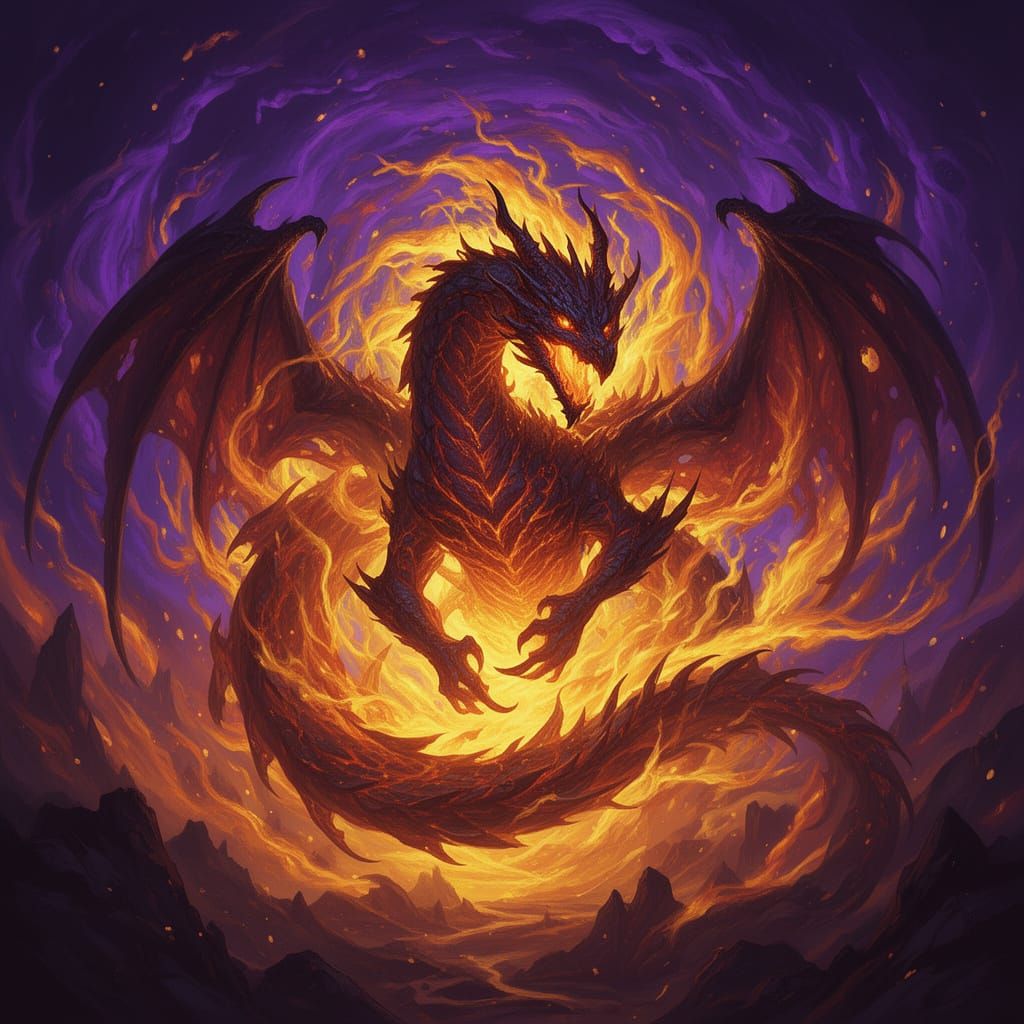 Dragon Emerges from Fiery Tornado in Dark Fantasy Art