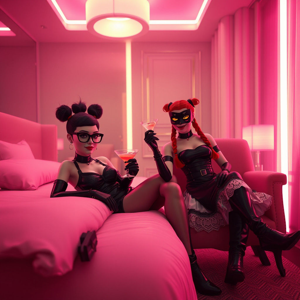 Cyberpunk Maids in Neon Hotel Suite