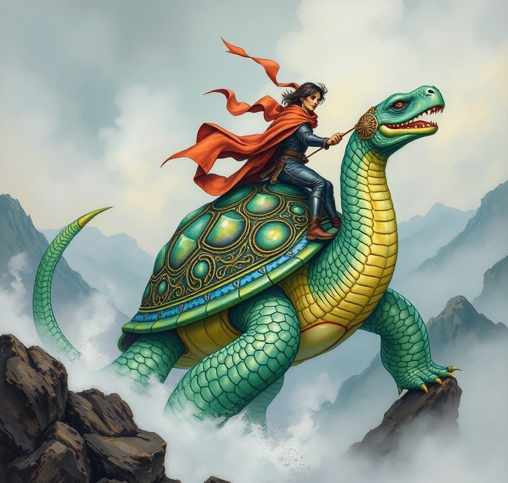 Turtle Dragon Rider: Ink, Cartoon, and Impressionism