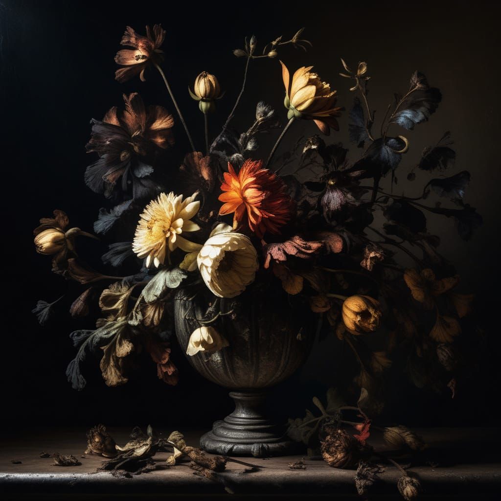 Baroque Still Life of Decaying Flowers with Chiaroscuro Ligh...