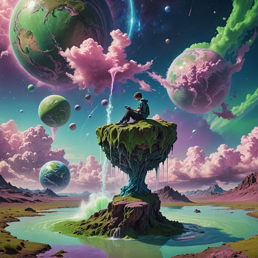 Boy on Surreal Planet Pouring Water into Space