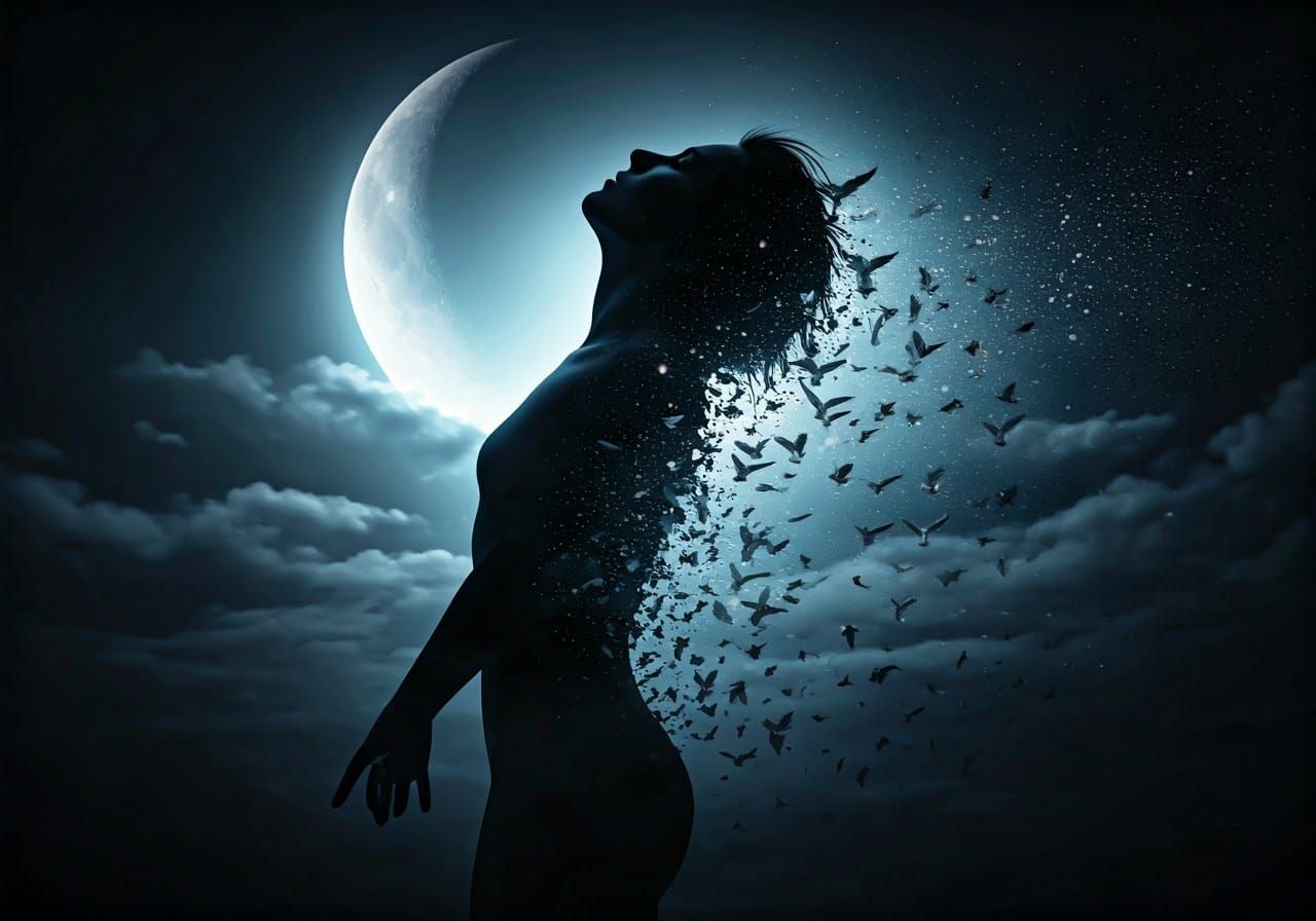 Surreal Silhouette: Person Transforms into Birds