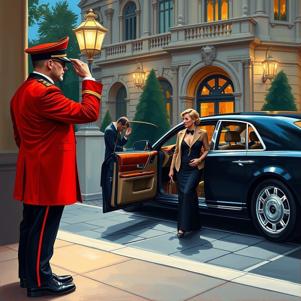 Elegant Doorman Greets Affluent Guests in Grand Estate Setti...