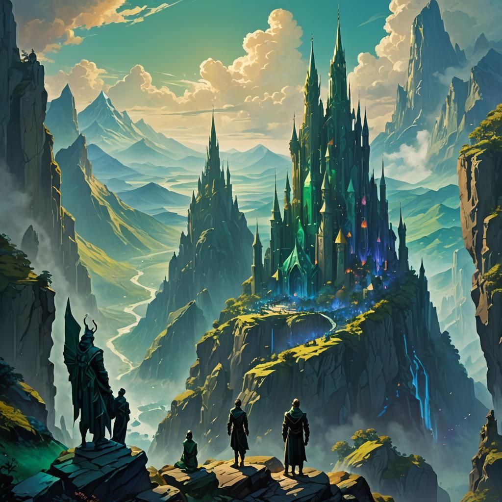 Fantasy Figures Gaze Upon Emerald Sapphire Landscape