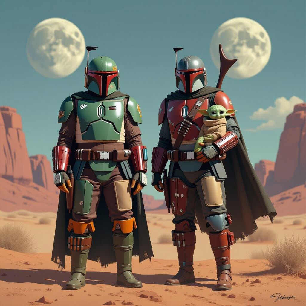 Boba Fett, Mandalorian, and Grogu on Alien Planet