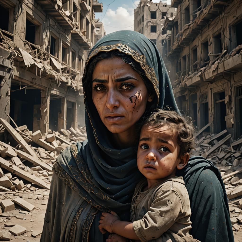 Arab Mother and Child in War-Torn City