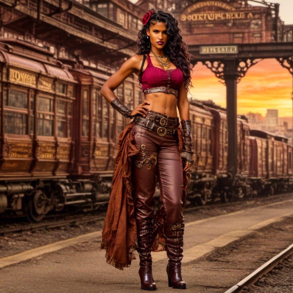 Steampunk Portrait at Train Station Sunset