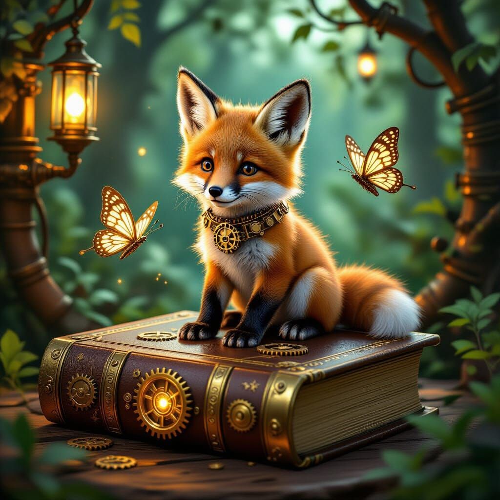 Steampunk Fox Cub with Mechanical Book