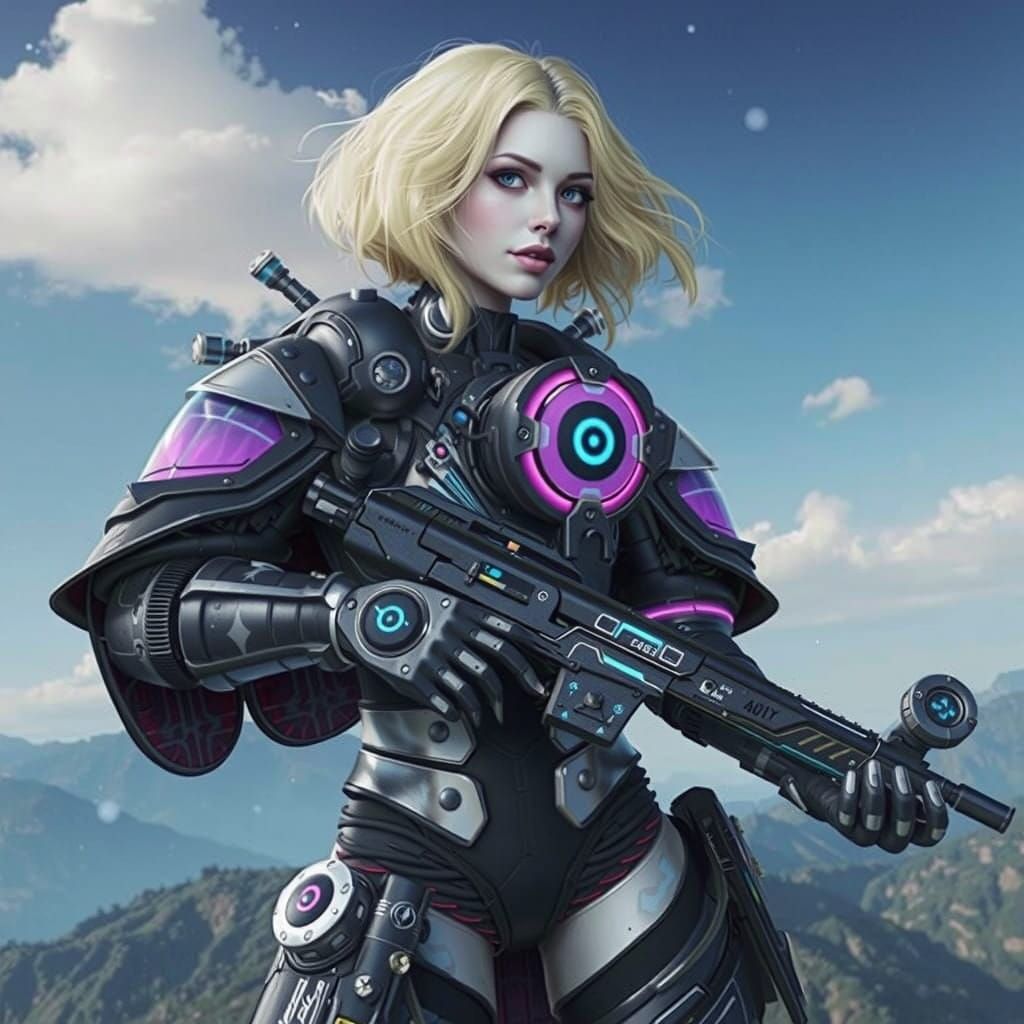 Cyber Soldier in Neon-Lit Exosuit Amidst Dystopian Cityscape