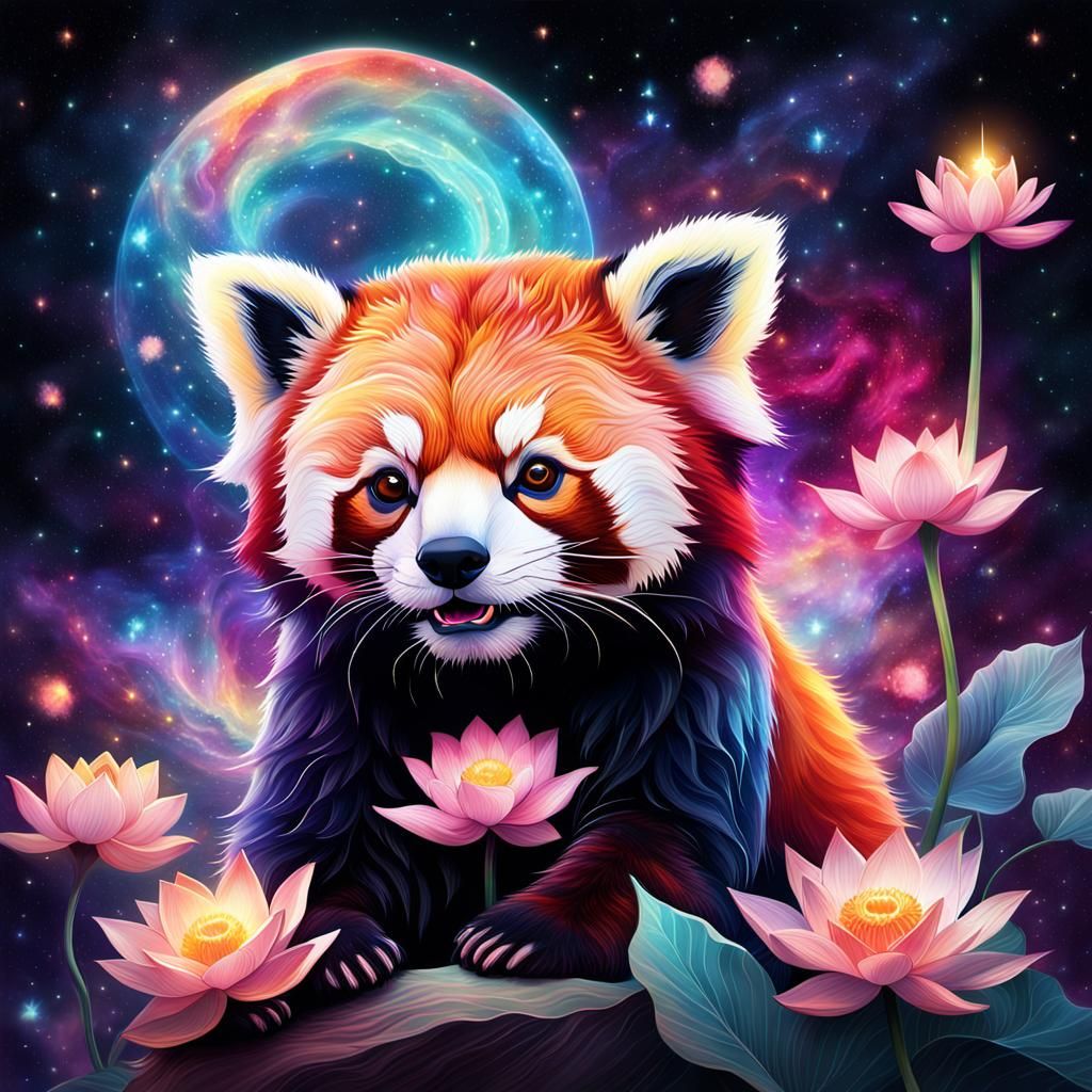 Red Panda in Cosmic Nebula: A Psychedelic Illustration
