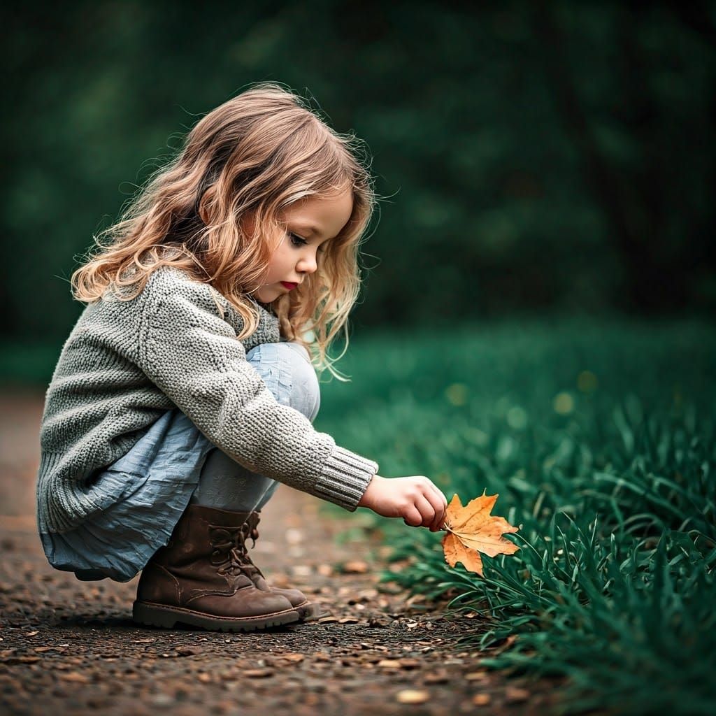 Girl Picks Up Autumn Leaf in Photorealistic Style